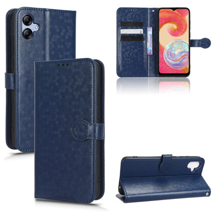 Blue leather phone case with honeycomb dot texture, flip cover and kickstand