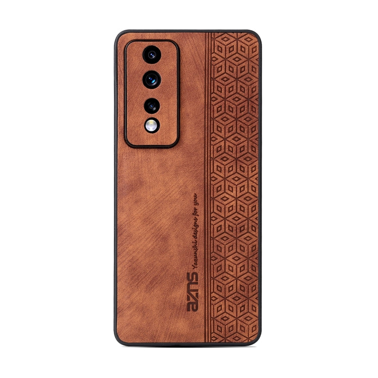 3D embossed skin-touch phone case, brown geometric pattern, front and back view