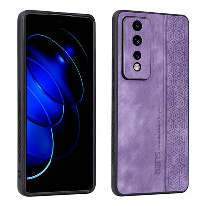 3D embossed skin-touch phone case, purple with geometric pattern, camera cutout visible