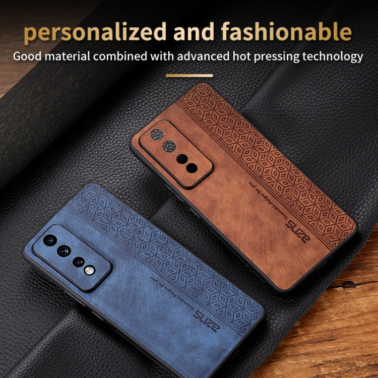 3D embossed skin-feel phone case set, brown and blue with geometric embossing, camera cutouts