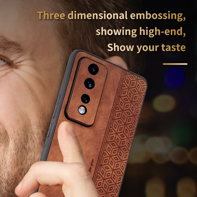 3D embossed skin-feel phone case, brown leather-look with raised geometric pattern, camera cutouts