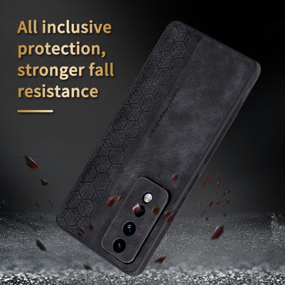 3D embossed skin-feel phone case, black with geometric embossing, reinforced camera cutouts