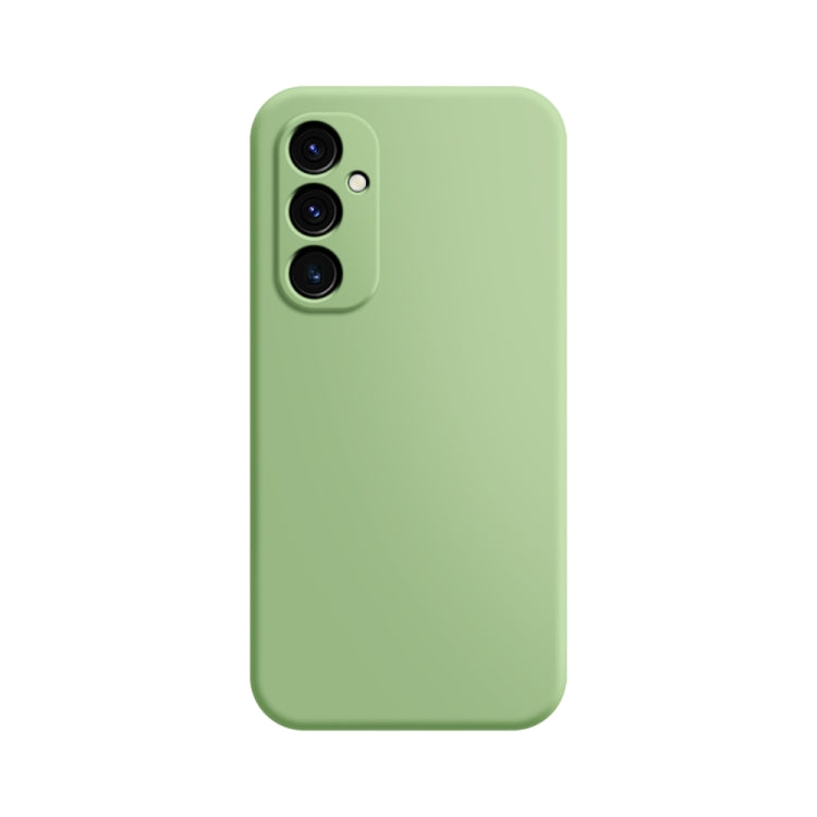 Matcha green imitation liquid silicone phone case with camera cutouts and raised lens frame