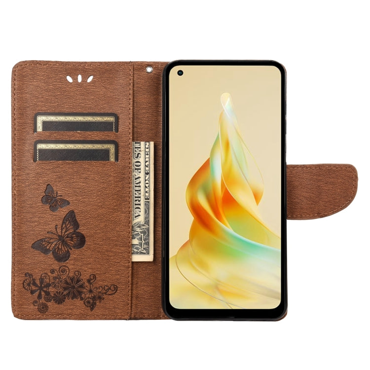 Brown butterfly embossed flip leather phone case opened, showing card slots and strap