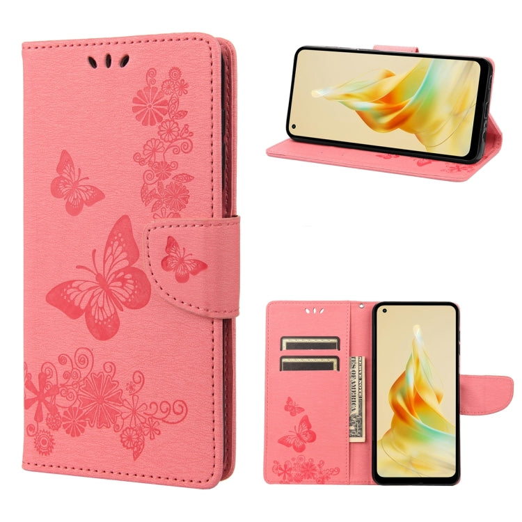 Pink flip leather phone case with embossed butterflies; side clasp and card holder