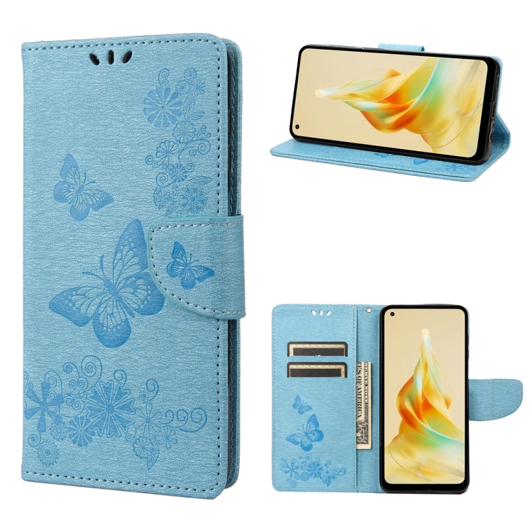 Light blue flip leather phone case with embossed butterflies and card holder