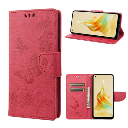 Pink flip leather phone case with embossed butterfly pattern and card slot tray