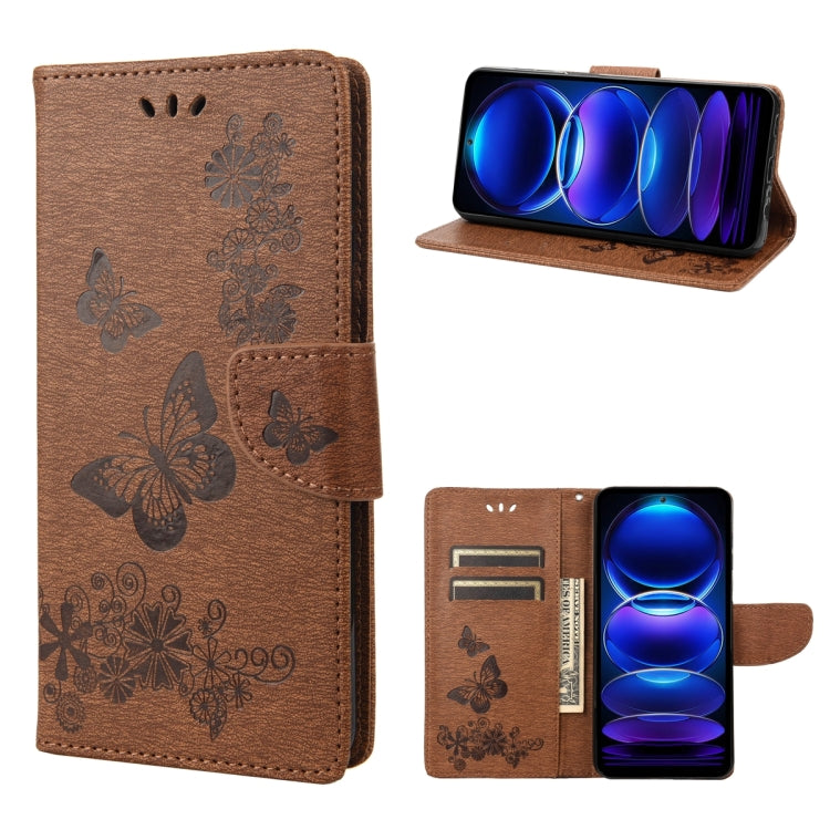 Brown butterfly embossed flip leather phone case with phone and wallet pocket view