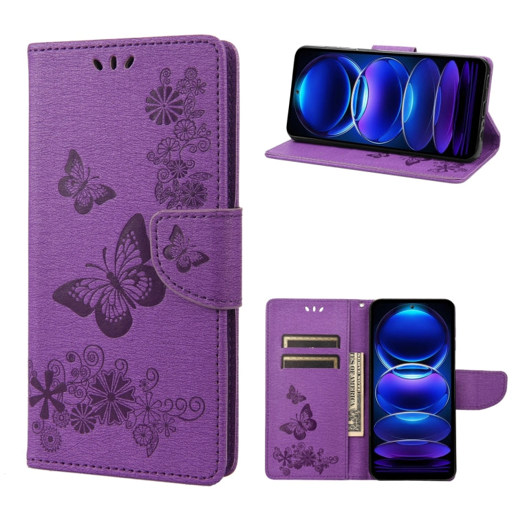 Purple butterfly embossed flip leather phone case with card slots and camera cutout