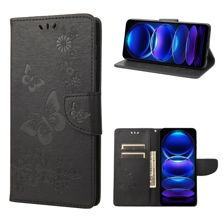 Black butterfly embossed flip leather phone case shown open with screen support stand