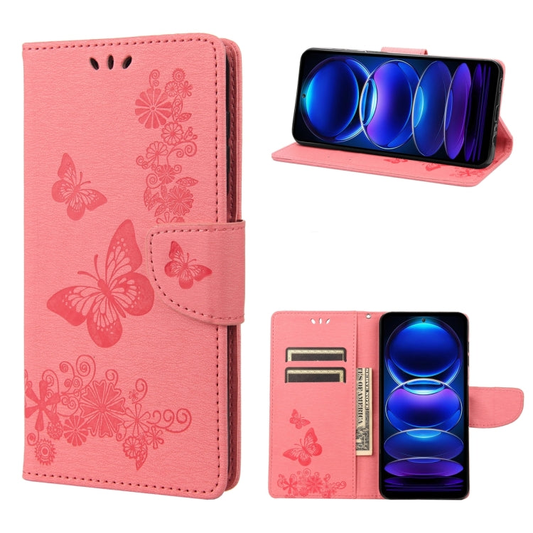 Pink butterfly embossed flip leather phone case with kickstand view and card slots