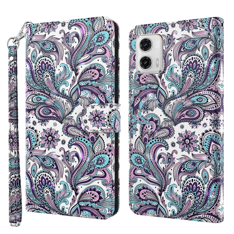 Phone case with purple and teal floral 3D painting pattern, with wrist strap and magnetic flap.