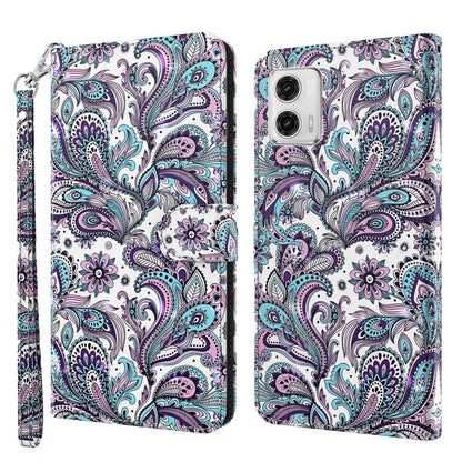 Phone case with purple and teal floral 3D painting pattern, with wrist strap and magnetic flap.