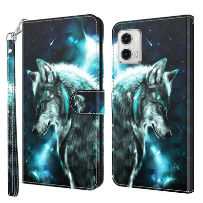 Phone case with blue night wolf artwork and glowing accents, with wrist strap and flip closure.