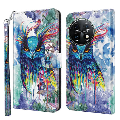 Phone case with colorful owl illustration and paint-splash style background, wrist strap included.