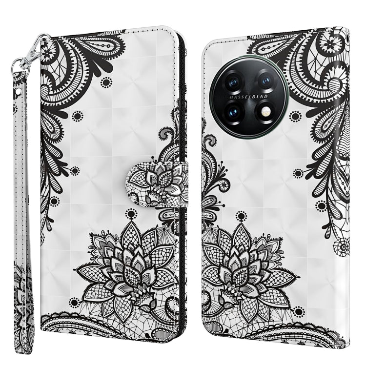 Phone case with white background and black floral lace mandala design, wrist strap and flip cover.