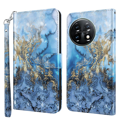 Slim phone case with blue marbled landscape and gold accents, wrist strap