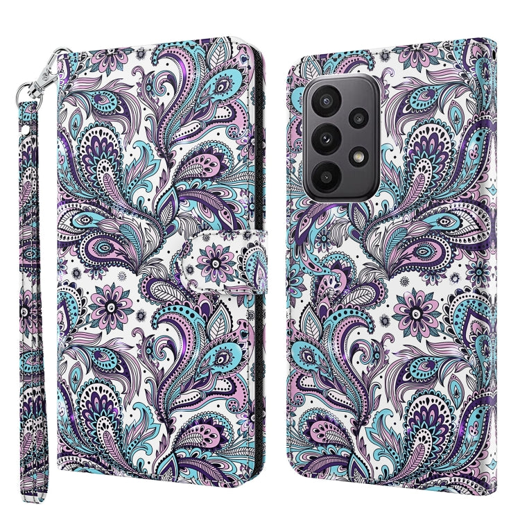 Decorative paisley-pattern phone case in purple, teal, and white with wrist strap