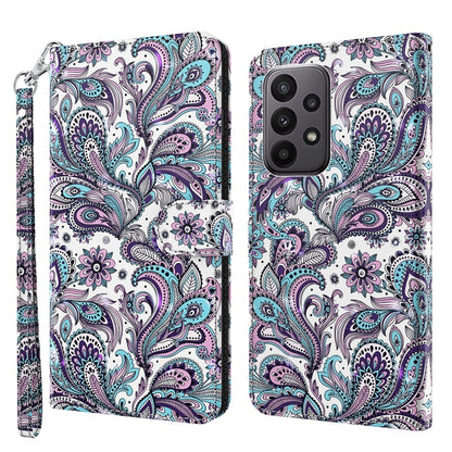 Decorative paisley-pattern phone case in purple, teal, and white with wrist strap
