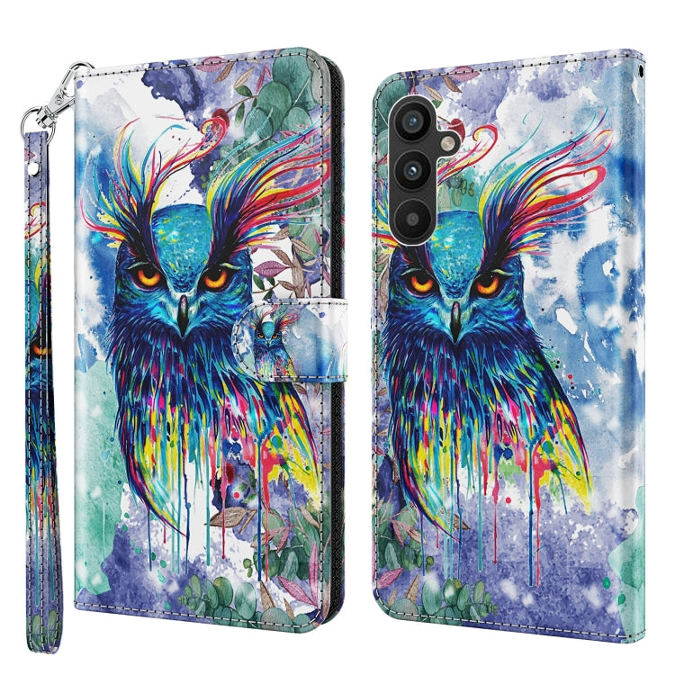Colorful owl portrait phone case with watercolor splatter and flip strap