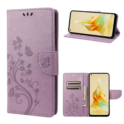 Butterfly-flower leather phone case in light purple with magnetic flap and card slots