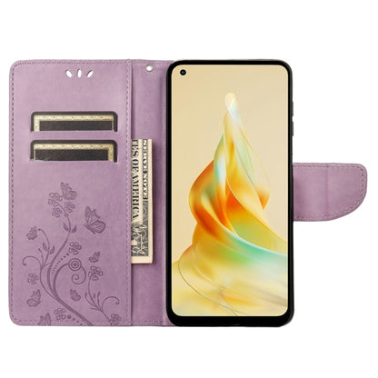 Light purple folio phone case with butterfly-flower pattern, card slots, and window for phone