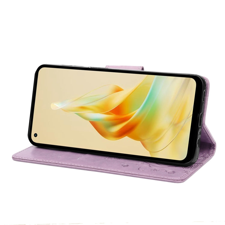 Light purple leather folio phone case with butterfly-flower pattern, holding phone horizontally