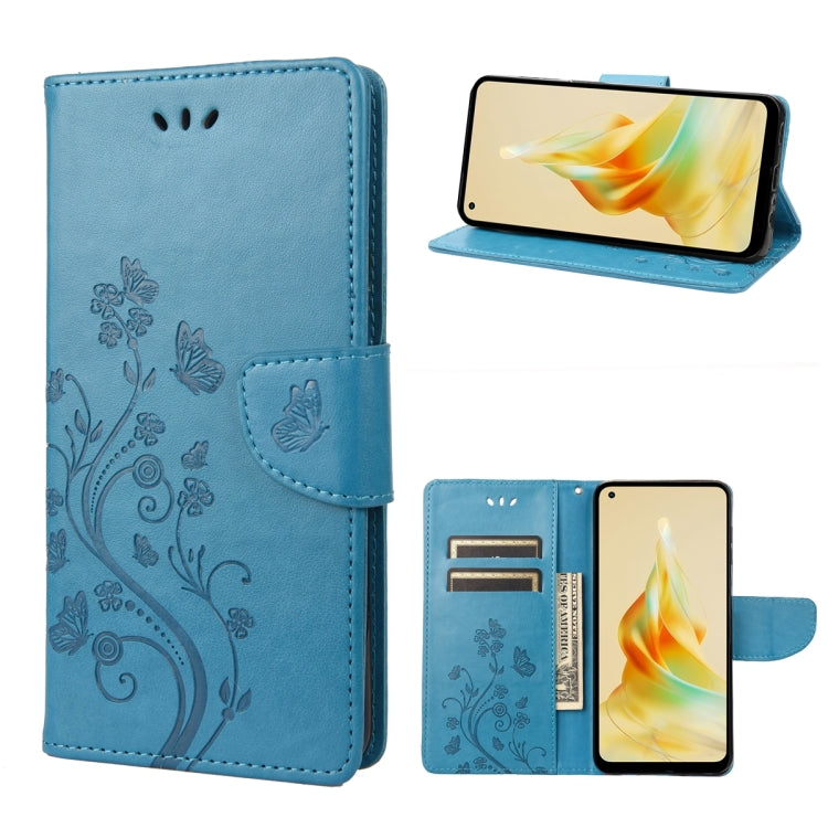 Light blue butterfly floral leather phone folio case with card slots and stand