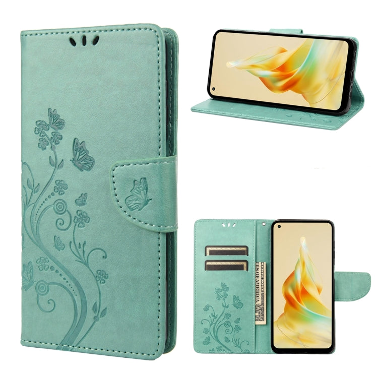 Mint green leather phone case with butterfly flower pattern, folio flap and card slots