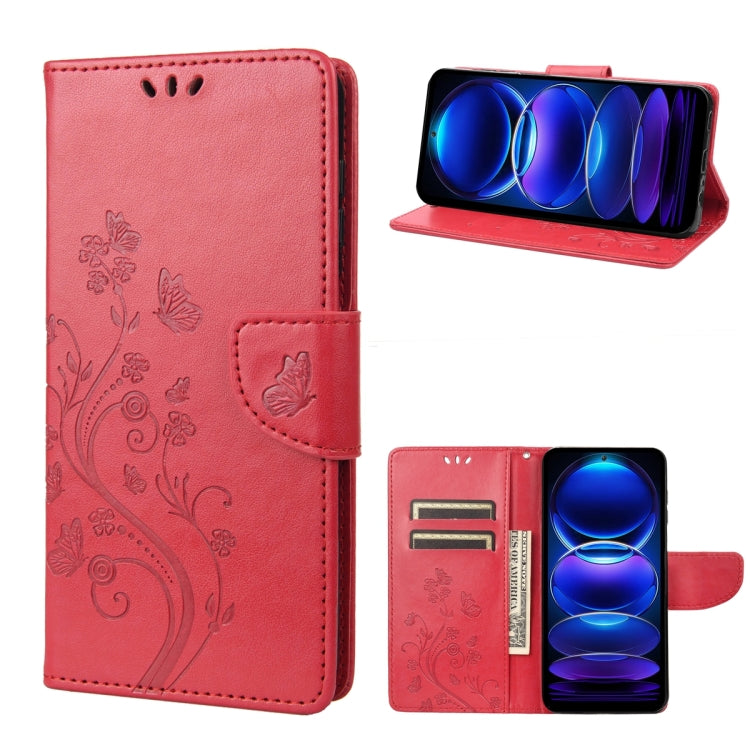 Red leather folio phone case with butterfly floral emboss, front flap, internal card holder
