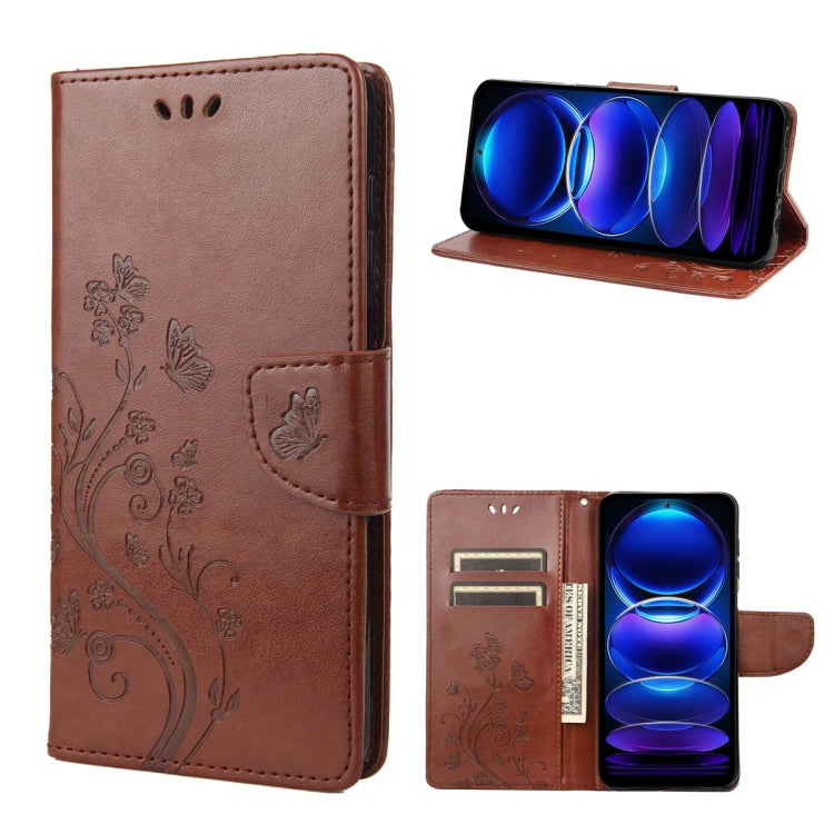 Brown leather folio phone case with embossed butterflies and flowers, flip cover, card slots