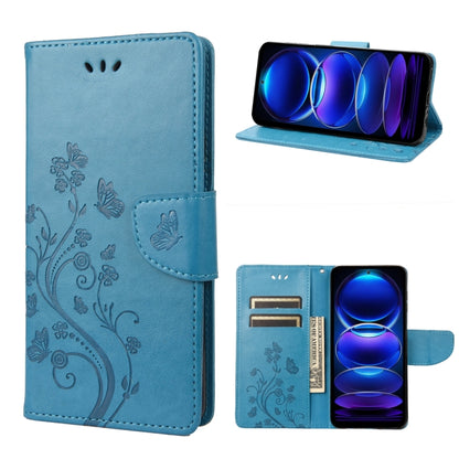 Light blue butterfly flower patterned leather phone case with folio cover and cutouts