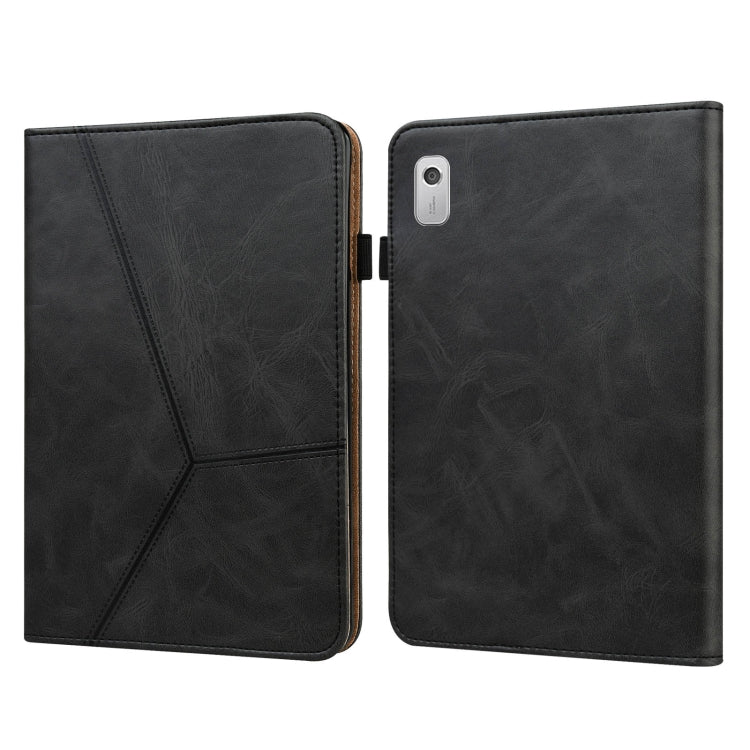 Embossed striped leather tablet case with folio cover and cutout for camera, black