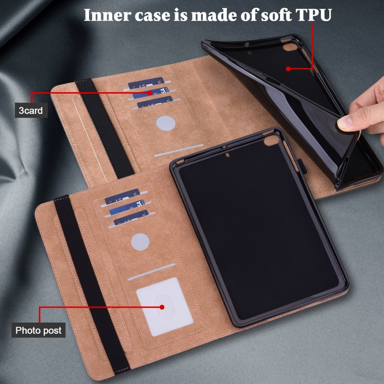 Embossed striped leather tablet case interior with card slots, tan