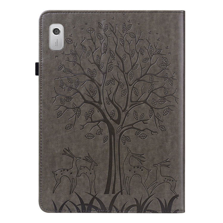 Grey embossed leather-style tablet case with tree and deer pattern, camera cutout