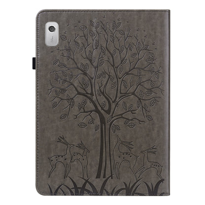 Grey embossed leather-style tablet case with tree and deer pattern, camera cutout
