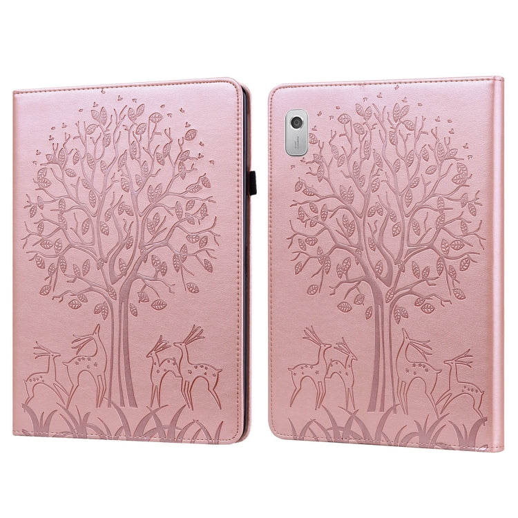Pink embossed leather-style tablet case with tree and deer pattern, front cover closed