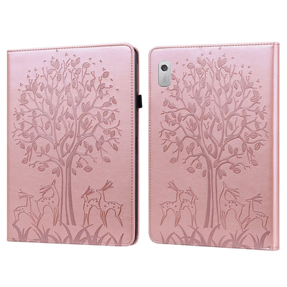 Pink embossed leather-style tablet case with tree and deer pattern, front cover closed