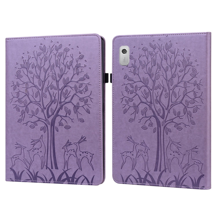 Purple embossed leather-style tablet case with tree and deer pattern, front cover closed