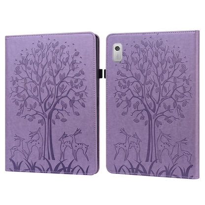Purple embossed leather-style tablet case with tree and deer pattern, front cover closed