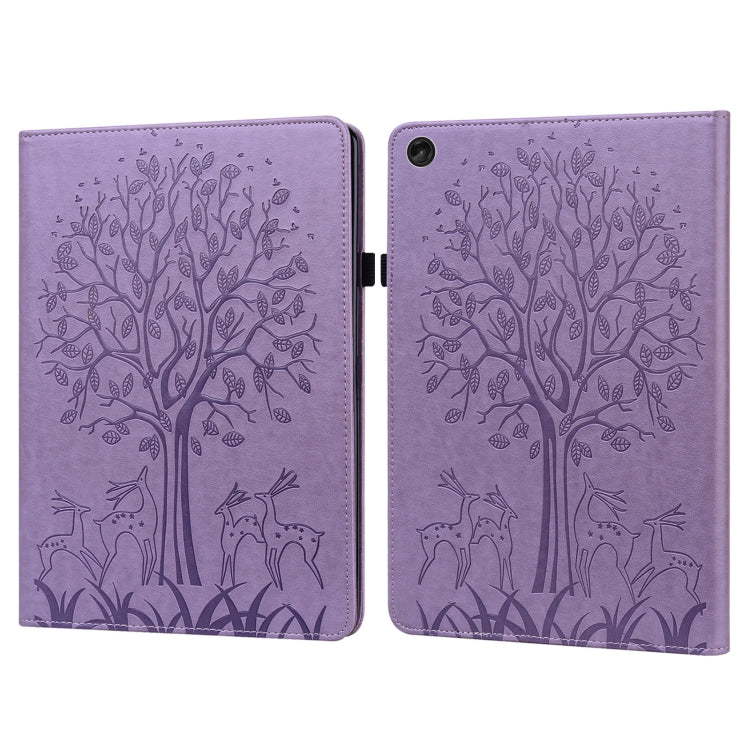 Purple embossed leather tablet case with tree and deer pattern, foldover cover