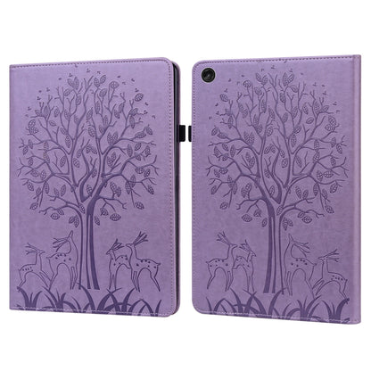 Purple embossed leather tablet case with tree and deer pattern, foldover cover
