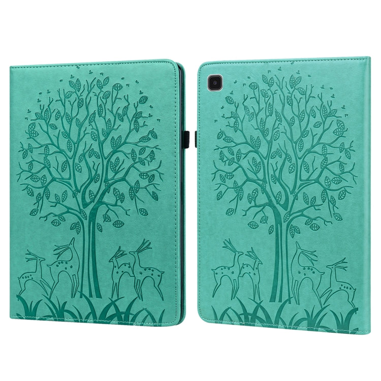 Green embossed leather tablet case with tree and deer pattern, foldover cover