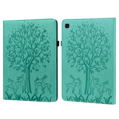 Green embossed leather tablet case with tree and deer pattern, foldover cover