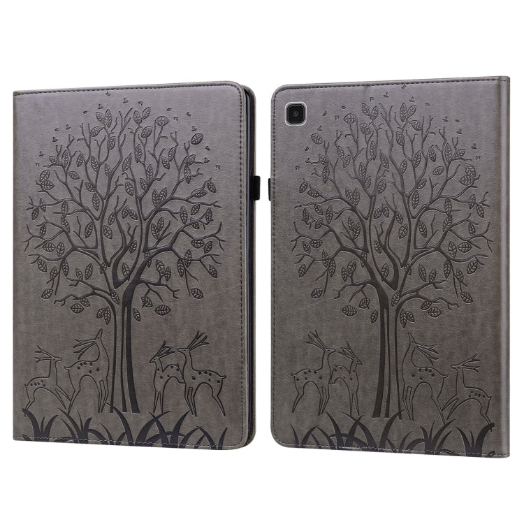 Grey embossed leather tablet case with tree and deer pattern, foldover cover