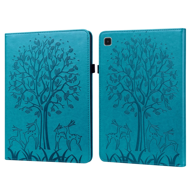 Blue embossed leather tablet case with tree and deer pattern, magnetic fold