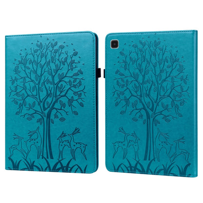 Blue embossed leather tablet case with tree and deer pattern, magnetic fold