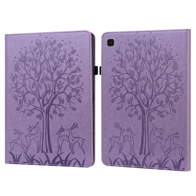 Purple embossed leather tablet case with tree and deer pattern, magnetic fold