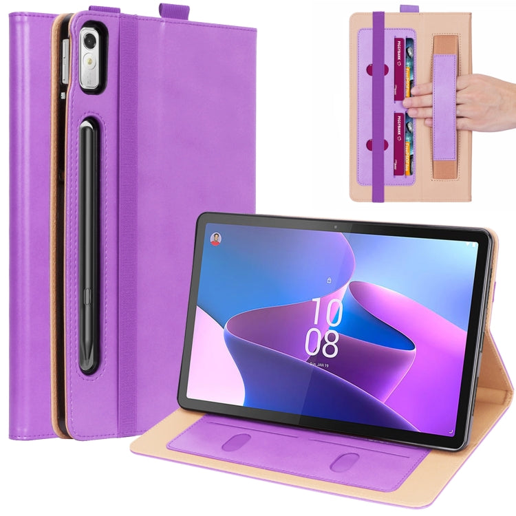 Purple leather tablet case with embossed front, viewing stand, card slots, camera cutout