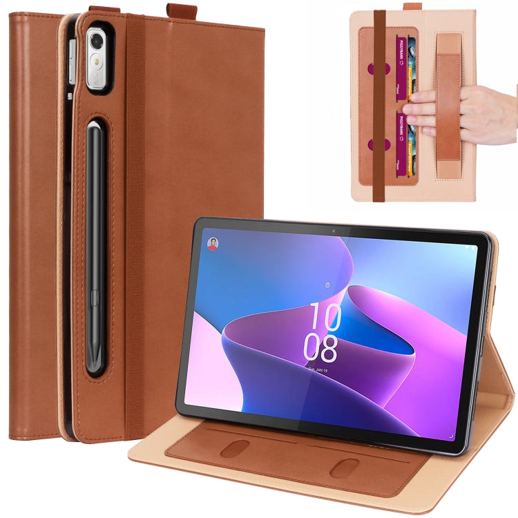 Brown leather tablet case with embossed front, viewing stand, card slots, camera cutout